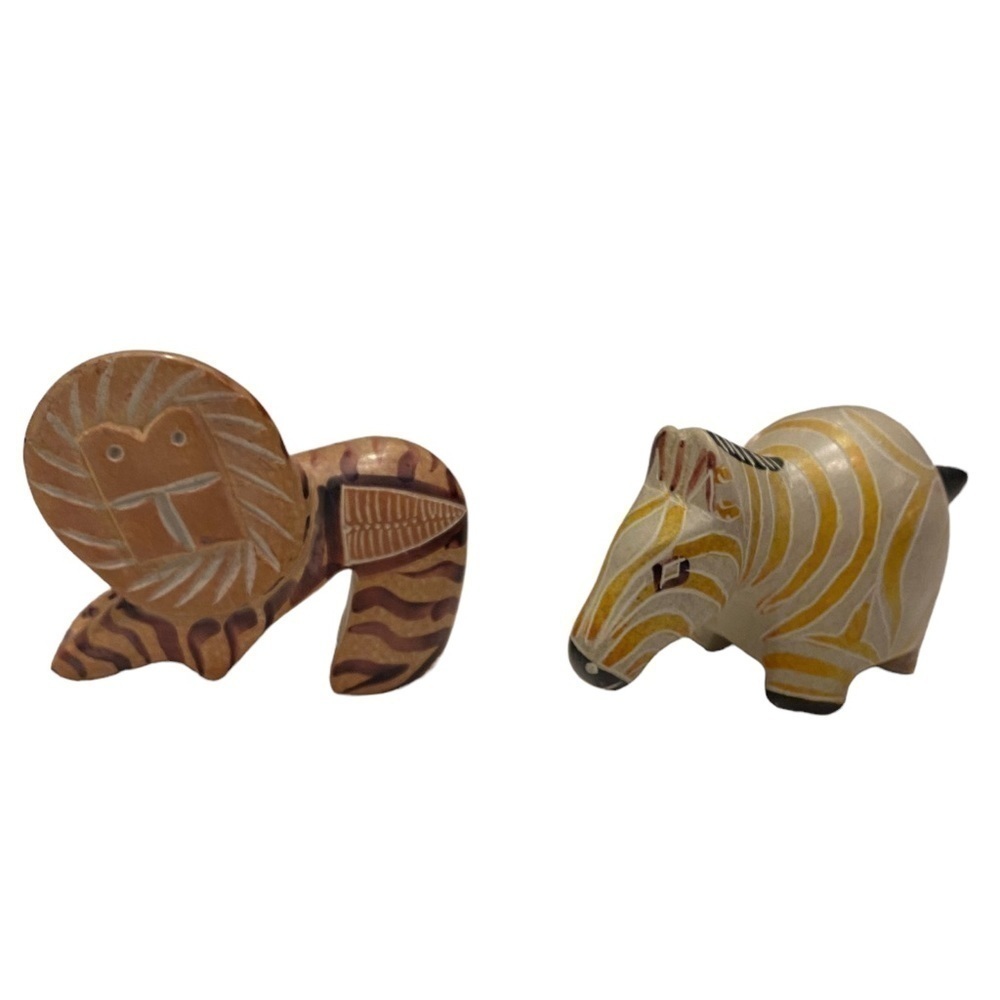 Vintage Kenya Swahili Modern African Carved Soapstone Lion & Zebra Sculpture